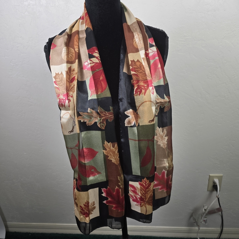 Fall Foliage Black Floral Scarf Autumn  Maple Leaves  Dark Romantic Sheer 13x29 - Picture 8 of 9